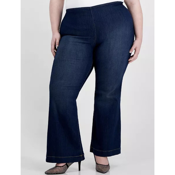 INC Pull-On Flare Jeans Womens 22W Blue High Rise Dark Indigo Stretch Denim Plus - Picture 1 of 10
